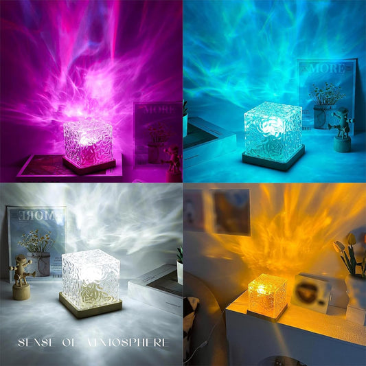3D Ocean Wave Projector Lamp – USB Rechargeable LED Night Light with Remote | Multicolor Crystal Cube for Bedroom, Home Decor & Gifts